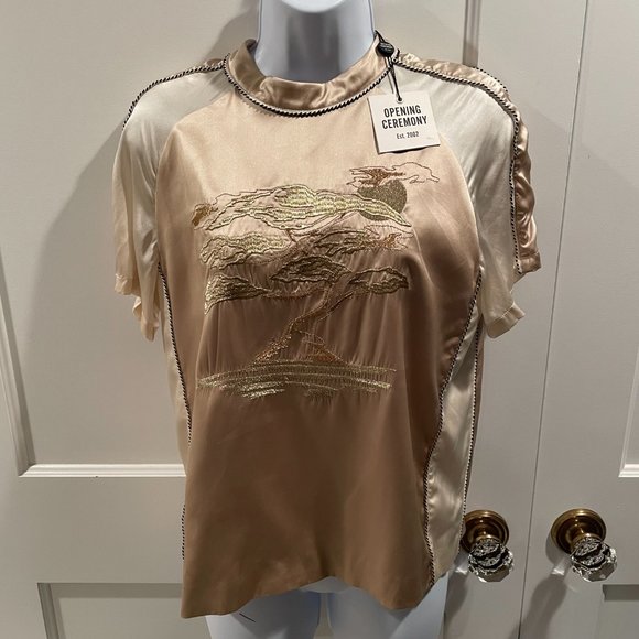 NWT Opening Ceremony Gold Bonsai Embroidered Silk Short Sleeve Tee, Size 4 - Picture 5 of 12